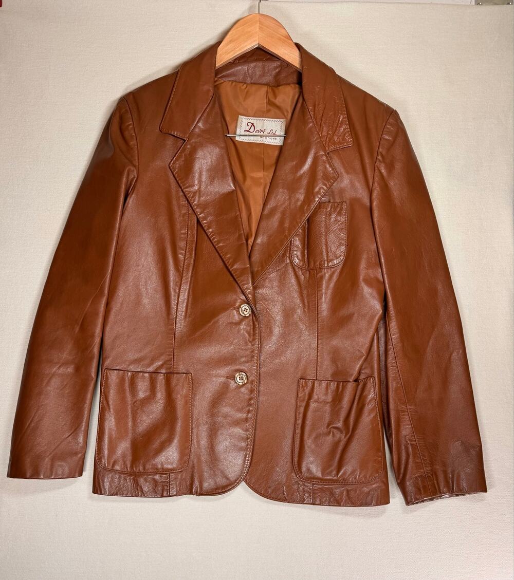 Vintage 70s Devri Ltd New York Brown Leather Blazer Jacket Women’s Size 13